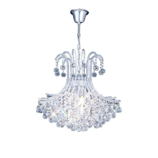 Diyas BASK is a lead crystal chandelier with an adjustable height feature, elegantly presented on a chrome frame